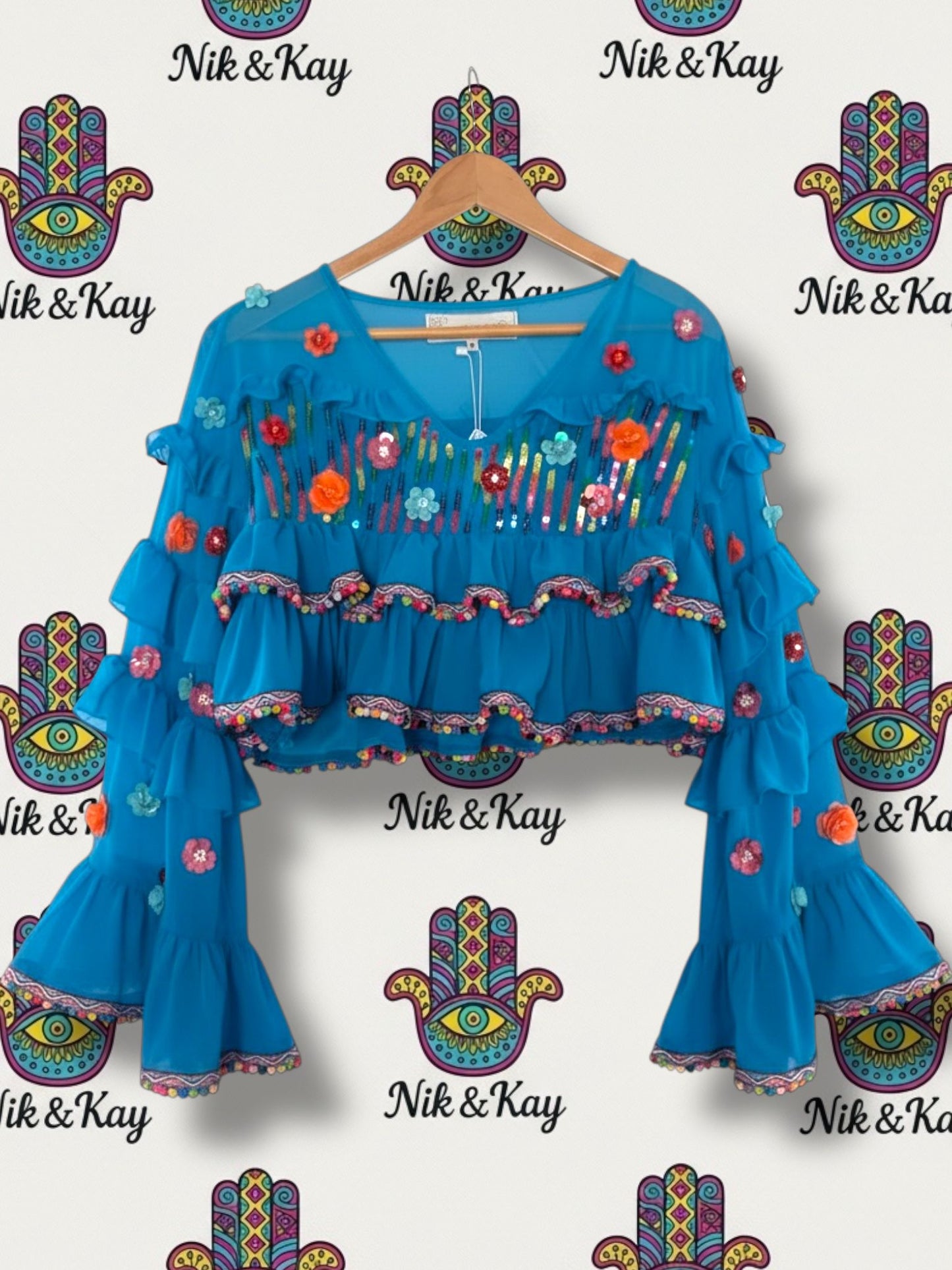 Blue Frill Sleeve Top