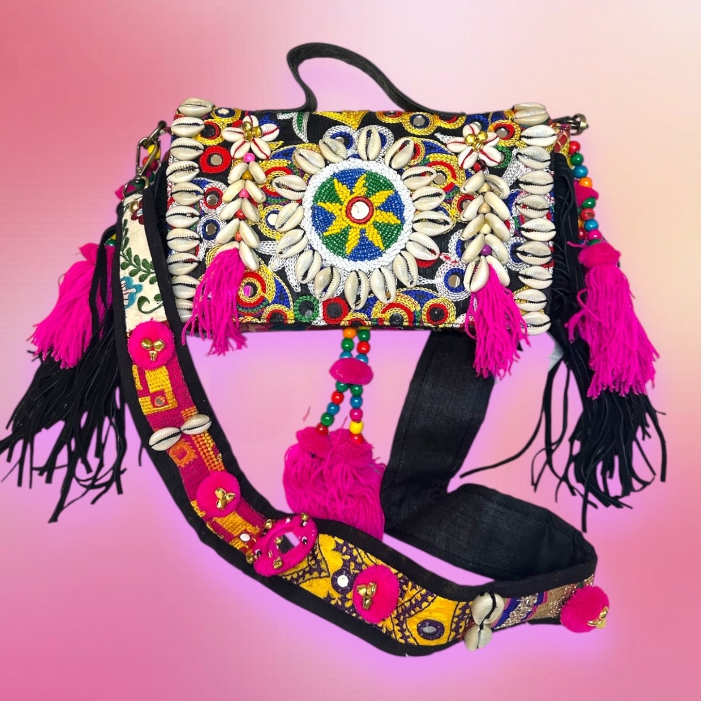 Embellished Bag with Vibrant Tassles